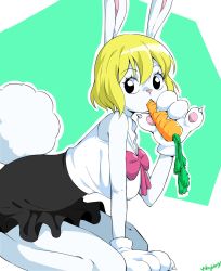 Rule 34 | blonde hair, blouse, bow, bowtie, breasts, carrot, carrot (one piece), clawed gauntlets, eating, flower, furry, furry female, gloves, highres, large breasts, one piece, rabbit ears, rabbit girl, rabbit tail, shirt, short hair, woogleboy