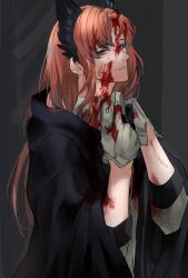 Rule 34 | 1boy, adjusting collar, arknights, black jacket, blood, blood on arm, blood on clothes, blood on face, blood on gloves, chimi (s8s8 bb), commentary, feather hair, gloves, grey background, half-closed eyes, highres, hood, hooded jacket, jacket, long hair, looking at viewer, male focus, orange eyes, orange hair, passenger (arknights), shirt, sleeves rolled up, smile, solo, upper body, white gloves, white shirt