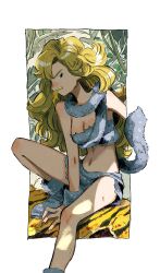 Rule 34 | 1girl, ayla (chrono trigger), blonde hair, blue eyes, breasts, chrono trigger, cleavage, curly hair, food in mouth, highres, kebe6p, long hair, looking at viewer, medium breasts, navel, solo