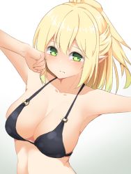 Rule 34 | 1girl, alternate costume, armpits, bad id, bad pixiv id, bikini, bikini top only, black bikini, blonde hair, blush, breasts, cleavage, closed mouth, collarbone, frown, green eyes, hair between eyes, half updo, long hair, looking at viewer, medium breasts, mizuhashi parsee, outstretched arms, solo, spread arms, swimsuit, touhou, yusake san