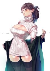 Rule 34 | 1girl, black thighhighs, breasts, brown-framed eyewear, brown eyes, brown hair, cleavage cutout, clothing cutout, copyright name, cowboy shot, dress, knight run, large breasts, long sleeves, looking at viewer, meme attire, off shoulder, open-chest sweater, parted lips, ponytail, ribbed sweater, semi-rimless eyewear, simple background, solo, sweater, sweater dress, thighhighs, under-rim eyewear, white background, white sweater, yd (orange maru), zettai ryouiki