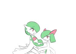 Rule 34 | 2girls, :&gt;, bob cut, closed mouth, colored skin, creatures (company), eye contact, female focus, flat chest, flat color, game freak, gardevoir, gen 3 pokemon, green hair, green skin, hair over one eye, half-closed eyes, happy, height difference, highres, holding hands, jitome, kirlia, looking at another, m3 (gardevoir m3), multicolored skin, multiple girls, nintendo, one eye covered, open mouth, pokemon, pokemon (creature), raised eyebrows, red eyes, short hair, sidelocks, simple background, sitting, sketch, smile, standing, two-tone skin, wariza, white background, white skin, yuri