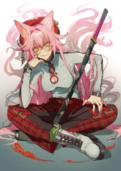 Rule 34 | 1girl, absurdres, animal ears, boots, breasts, cleavage, earrings, fang, fang out, fox ears, glasses, green legwear, hat, highres, indian style, jewelry, katana, long hair, looking at viewer, nail polish, original, pink hair, pink nails, ring, sheath, sheathed, sitting, smile, solo, soono (rlagpfl), sword, very long hair, weapon, yellow eyes