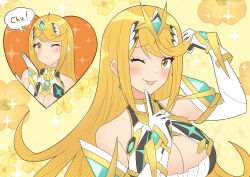 Rule 34 | 1girl, :p, absurdres, blonde hair, blush, breasts, cleavage, commentary request, elbow gloves, floral background, gloves, highres, kawaikute gomen (honeyworks), large breasts, long hair, mythra (xenoblade), one eye closed, ryochan96154, smile, speech bubble, swept bangs, tiara, tongue, tongue out, upper body, white gloves, xenoblade chronicles (series), xenoblade chronicles 2, yellow background, yellow eyes