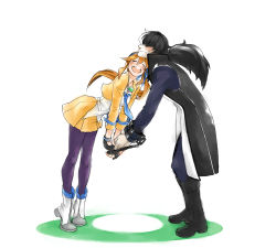 Rule 34 | 1boy, 1girl, ace attorney, athena cykes, black hair, blue neckwear, blush, boots, brown hair, chain, closed eyes, cropped jacket, cuffs, gloves, hair ribbon, happy, holding, holding chain, jacket, jewelry, long hair, multicolored hair, necklace, necktie, open mouth, pantyhose, partially fingerless gloves, phoenix wright: ace attorney - dual destinies, ponytail, purple pantyhose, ribbon, sakaguchi ginjiro, shackles, side ponytail, simon blackquill, single glove, skirt, smile, sweatdrop, two-tone hair, white hair, yellow jacket, yellow skirt