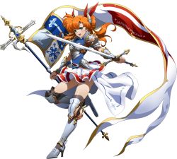 Rule 34 | 1girl, :d, armor, armored boots, banner, blue shirt, boots, bow, breastplate, floating hair, full body, hair bow, high heel boots, high heels, highres, holding, holding sword, holding weapon, langrisser, langrisser iii, long hair, miniskirt, official art, open mouth, orange hair, pleated skirt, red bow, shiny skin, shirt, shoulder armor, skirt, smile, solo, standing, standing on one leg, sword, tiaris (langrisser), transparent background, turtleneck, twintails, weapon, white skirt
