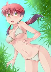 Rule 34 | 1girl, amashoku jirou, bikini, breasts, cameltoe, cowboy shot, covered erect nipples, fang, gradient hair, green eyes, long hair, looking at viewer, low twintails, medium breasts, multicolored hair, navel, open mouth, original, red hair, solo, standing, swimsuit, twintails, white bikini