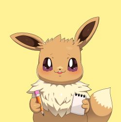 Rule 34 | :3, animal focus, blush, colored sclera, creatures (company), drunkoak, eevee, fur collar, game freak, gen 1 pokemon, hands up, happy, holding, holding notepad, holding pencil, looking at viewer, nintendo, no humans, notepad, open mouth, pencil, pokemon, pokemon (creature), purple sclera, simple background, smile, solo, straight-on, teeth, upper body, white eyes, yellow background