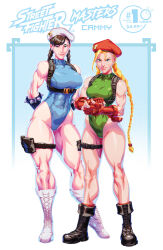 Rule 34 | 2girls, abs, alternate hairstyle, antenna hair, bare shoulders, beret, black footwear, blonde hair, blue eyes, blue leotard, blush, boots, bracelet, braid, breasts, brown hair, cammy white, cammy white (cosplay), capcom, chamba, chun-li, combat boots, commentary, contrapposto, cosplay, cross-laced footwear, curvy, derivative work, earrings, english commentary, facial scar, fingerless gloves, full body, gloves, green leotard, groin, hat, height difference, highleg, highleg leotard, holster, impossible clothes, jewelry, knee boots, lace-up boots, large breasts, leotard, long bangs, medium breasts, multiple girls, muscular, muscular female, official art, red gloves, red headwear, red socks, scar, scar on cheek, scar on face, second-party source, shiny skin, socks, spiked bracelet, spikes, standing, street fighter, street fighter v, thick thighs, thigh holster, thighs, thong leotard, toned, turtleneck, twin braids, udon entertainment, vambraces, white footwear, white headwear, wide hips