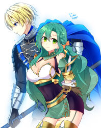 Rule 34 | 1boy, 1girl, armor, black gloves, blonde hair, blue cape, blue eyes, braid, breasts, cape, chloe (fire emblem), cleavage, cleavage cutout, closed mouth, clothing cutout, covered navel, dimitri alexandre blaiddyd, fire emblem, fire emblem: three houses, fire emblem engage, gloves, green eyes, green hair, hair ribbon, highres, holding, holding weapon, kanemitsu411, large breasts, long hair, looking at viewer, nintendo, pegasus knight uniform (fire emblem), ribbon, short hair, shoulder armor, skin tight, wavy hair, weapon, white background