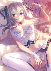 Rule 34 | 10s, 1girl, absurdres, bad google+ id, bad id, bare shoulders, blush, bow, bowtie, breasts, carnelian, collar, corset, frills, garter belt, garter straps, graf zeppelin (kancolle), highres, kantai collection, kashima (kancolle), large breasts, light purple hair, lingerie, lying, navel, open mouth, panties, purple eyes, solo, thigh strap, thighhighs, twintails, underwear, underwear only, white panties, white thighhighs, wrist cuffs