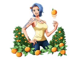 Rule 34 | 1girl, :d, arm tattoo, band, blouse, blue eyes, blue hair, blue pants, bodskih, bracelet, breasts, cleavage, collarbone, cowboy shot, denim, food, fruit, hand on own hip, jewelry, large breasts, looking at viewer, nojiko, one piece, one piece treasure cruise, open mouth, orange (fruit), pants, red hair, shiny clothes, shirt, short hair, sideboob, simple background, sleeveless, sleeveless shirt, smile, solo, standing, tattoo, transparent background, yellow shirt