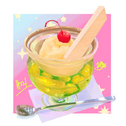 Rule 34 | absurdres, cherry, cup, drinking glass, food, food focus, fruit, highres, ice cream, ice cream float, napkin, no humans, original, spoon, star (symbol), takisou sou, wafer stick
