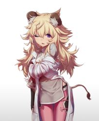 Rule 34 | 1girl, animal ears, black gloves, blonde hair, blood, blood on clothes, blush, coat, fang, fingerless gloves, gloves, gradient background, holding own arm, injury, lion ears, lion tail, long hair, messy hair, nin (kotorikoto), one eye closed, open mouth, original, pelvic curtain, purple eyes, solo, sweat, tail, white background