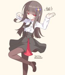Rule 34 | 1girl, aoi masami, artist self-insert, black footwear, black hair, black necktie, black pantyhose, black skirt, blunt bangs, breast pocket, commentary request, cross-laced clothes, dated, flat chest, foot out of frame, hair ornament, hairclip, high-waist skirt, long hair, long sleeves, looking at viewer, necktie, original, pantyhose, pocket, red eyes, shirt, shoes, simple background, skirt, solo, star (symbol), star hair ornament, translation request, twitter username, white shirt, yellow background