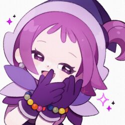 Rule 34 | 1girl, :d, commentary request, earrings, gloves, hands up, hat, highres, jewelry, looking at viewer, magical girl, ojamajo doremi, open mouth, purple eyes, purple gloves, purple hair, purple hat, segawa onpu, short hair, simple background, smile, solo, upper body, white background, witch hat, yknsugar