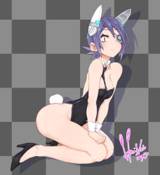 Rule 34 | 10s, 1girl, 2017, checkered background, detached collar, eyepatch, full body, headgear, highres, hori shin, kantai collection, kneeling, looking at viewer, necktie, pantyhose, playboy bunny, purple hair, rabbit tail, short hair, signature, solo, tail, tenryuu (kancolle), wrist cuffs, yellow eyes
