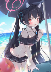 Rule 34 | 1girl, absurdres, animal ear fluff, animal ears, beach, beach umbrella, bikini, black bikini, black hair, blue archive, blue ribbon, blue sky, blurry, blurry background, blush, breasts, cat ears, cat girl, collarbone, commentary, cowboy shot, day, fang, frilled bikini, frills, hair between eyes, hair ribbon, halo, halterneck, hand up, highres, leaning forward, long hair, looking at viewer, natsukari na, navel, ocean, off-shoulder bikini, off shoulder, open mouth, outdoors, pink halo, red eyes, ribbon, serika (blue archive), serika (swimsuit) (blue archive), skin fang, sky, small breasts, solo, swimsuit, twintails, umbrella, v-shaped eyebrows, very long hair, wet