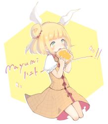 Rule 34 | 1girl, blonde hair, blunt bangs, bread slice, character name, commentary request, double bun, eating, food, frilled sleeves, frills, green eyes, hair bun, hair ribbon, haniwa (statue), highres, joutouguu mayumi, m (m073111), multicolored eyes, puffy short sleeves, puffy sleeves, ribbon, shirt, short hair, short sleeves, simple background, skirt, solo, sparkle, toast, tongue, tongue out, touhou, white ribbon, yellow eyes