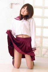 Rule 34 | asian, clothes lift, midriff, photo (medium), school uniform, serafuku, skirt, skirt lift, smile, solo