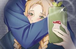 Rule 34 | absurdres, blonde hair, blue capelet, blush, braid, breasts, caitvi like this when (meme), capelet, cellphone, couple, dungeon meshi, elf, falin touden, ghwc, green eyes, hair around ear, highres, holding, holding phone, hood, hooded capelet, indoors, long hair, long sleeves, looking at phone, looking at viewer, marcille donato, mirror, multiple girls, muscular, muscular female, open mouth, phone, photo-referenced, pointy ears, selfie, simple background, smartphone, smile, taking picture, yuri