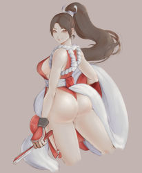 Rule 34 | 1girl, arm guards, ass, bare shoulders, breasts, brown eyes, brown hair, closed mouth, commentary request, fatal fury, folded fan, folding fan, from behind, hair tie, hand fan, high ponytail, highres, holding, holding fan, huge ass, kumanz, large breasts, looking at viewer, ninja, obi, pelvic curtain, ponytail, revealing clothes, rope, sash, shiranui mai, sideboob, smile, snk, solo, the king of fighters, thick thighs, thighs, wide hips