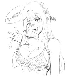 Rule 34 | 1girl, :d, backwards hat, bandaid, bandaid on face, bandaid on nose, bare shoulders, baseball cap, blunt bangs, blush, breasts, centi (nikke), centi (supreme holiday) (nikke), cleavage, clothes tug, collarbone, cropped torso, goddess of victory: nikke, greyscale, hat, kanein, korean text, large breasts, long hair, looking at viewer, monochrome, official alternate costume, open hand, open mouth, simple background, sketch, smile, solo, speech bubble, sports bra, white background