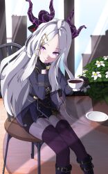 Rule 34 | 1girl, absurdres, ahoge, arm support, belt, black gloves, black skirt, black tea, blue archive, blurry, boots, chair, commentary, cup, demon girl, demon horns, depth of field, english commentary, flower, forehead, glass table, gloves, hair ornament, hairclip, head rest, highres, hina (blue archive), holding, holding cup, horns, indoors, knee boots, knees together feet apart, long hair, long sleeves, looking at viewer, military, military uniform, monokuro, parted bangs, pencil skirt, plant, plate, ponytail, potted plant, purple eyes, purple thighhighs, shoulder belt, sidelocks, sitting, skirt, smile, solo, table, tea, teacup, thighhighs, uniform, white hair, zettai ryouiki