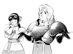 Rule 34 | 2girls, ainu clothes, armor, breasts, charlotte christine de colde, closed eyes, fingerless gloves, gloves, hair ribbon, hands on own face, long hair, looking at viewer, medium breasts, monochrome, multiple girls, nakoruru, open mouth, ribbon, samurai spirits, shrugging, sigh, snk, traditional media