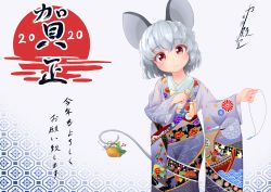 Rule 34 | 1girl, 2020, absurdres, animal ears, artist name, bamboo, basket, blue gemstone, blue kimono, blush, child, chinese zodiac, clenched hand, closed mouth, crystal, dowsing rod, female focus, flat chest, gem, gradient background, grey hair, hand on own chest, hands up, happy, head tilt, highres, holding, holding with tail, japanese clothes, japanese text, jewelry, katsura dendou, kimono, long sleeves, looking at viewer, mouse (animal), mouse ears, mouse girl, mouse tail, nazrin, necklace, new year, prehensile tail, red eyes, short hair, sidelocks, signature, simple background, smile, solo, tail, touhou, translation request, unworn jewelry, unworn necklace, wide sleeves, year of the rat