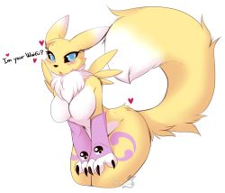Rule 34 | 1girl, animal ears, animal nose, artist name, black sclera, blue eyes, blush, body fur, breasts, colored sclera, cowboy shot, cropped legs, detached sleeves, digimon, digimon (creature), english text, facial mark, female focus, fox ears, fox girl, fox tail, furry, furry female, hands on own thighs, heart, highres, large breasts, leaning forward, leg tattoo, light blush, looking at viewer, neck fur, no nipples, nude, open mouth, own hands together, purple sleeves, renamon, simple background, solo, spoken heart, tail, tail raised, talking, tattoo, teranen, thick thighs, thighs, two-tone fur, v arms, watermark, white background, white fur, wide hips, yellow fur, yin yang