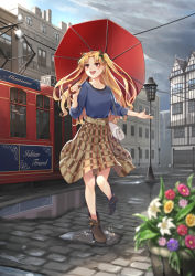 Rule 34 | 1girl, :d, alternate costume, bag, blonde hair, blue shirt, boots, bow, brown footwear, brown skirt, character name, cloud, cloudy sky, collarbone, day, earrings, ereshkigal (fate), fate/grand order, fate (series), flower, hair bow, handbag, highres, holding, holding umbrella, jewelry, leg up, long hair, looking up, nakaga eri, open mouth, outdoors, pleated skirt, puddle, red eyes, red umbrella, road, shirt, skirt, sky, smile, solo, sparkle, standing, standing on one leg, street, twintails, two side up, umbrella, very long hair