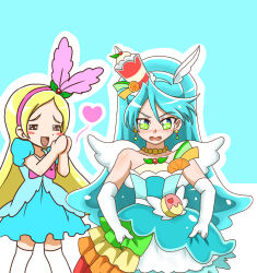 Rule 34 | 1boy, 1girl, artist request, berry, blonde hair, blush, brother and sister, choker, cosplay, crossdressing, cure parfait, cure parfait (cosplay), dress, earrings, elbow gloves, food, food-themed hair ornament, fruit, gloves, hair ornament, headband, heart, highres, jewelry, kirahoshi ciel, kirakira precure a la mode, leaf, long hair, orange (fruit), pearl choker, pearl earrings, pikario (precure), precure, siblings, strapless, strapless dress, white wings, wings