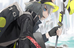 Rule 34 | 1girl, absurdres, arknights, backpack, bag, black bag, black gloves, black hat, black jacket, blue eyes, blurry, blurry background, bottle, chinese commentary, click (arknights), commentary request, fingerless gloves, gloves, grey hair, grey pants, hat, highres, holding, holding stick, jacket, long sleeves, looking at viewer, on one knee, open mouth, outdoors, pants, short hair, sideways mouth, solo, stick, yumingtongxue