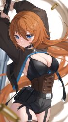 Rule 34 | 1girl, absurdres, arms up, belt, black belt, black choker, black thighhighs, blue eyes, blurry, blurry foreground, breasts, brown corset, choker, cleavage, closed mouth, corset, hair between eyes, highres, holding, holding weapon, large breasts, long hair, long sleeves, looking at viewer, orange hair, original, rinrasetsu, shrug (clothing), sideboob, smile, solo, thighhighs, very long hair, weapon