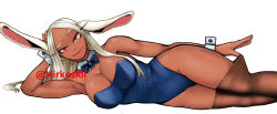 Rule 34 | 1girl, animal ears, armpits, bare shoulders, blue leotard, boku no hero academia, bow, bowtie, breasts, brown thighhighs, cleavage, collarbone, dark-skinned female, dark skin, detached collar, hand on own head, head rest, highleg, highleg leotard, highres, kyoujin momiji man masumi, large breasts, leotard, long eyelashes, long hair, looking at viewer, lying, mirko, on side, parted bangs, playboy bunny, rabbit ears, rabbit girl, raised eyebrow, red eyes, smile, solo, strapless, strapless leotard, thighhighs, thighhighs pull, thighs, toned, traditional bowtie, white background, white hair, wrist cuffs