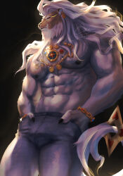 Rule 34 | 1boy, abs, absurdres, animal ears, bara, black background, black sclera, claws, colored sclera, commentary, dislyte, english commentary, furry, furry male, grey pants, hands in pockets, highres, hinnab art, javid (shamash) (dislyte), jewelry, lion boy, lion ears, lion mane, lion tail, male focus, muscular, muscular male, nipples, pants, pectorals, red eyes, signature, tail, topless male, twitter username