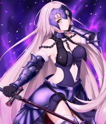 Rule 34 | 1girl, ahoge, armor, armored dress, breasts, cleavage, cowboy shot, dress, enchuu, fate/apocrypha, fate/grand order, fate (series), fur-trimmed gloves, fur-trimmed legwear, fur trim, gauntlets, gloves, headpiece, highres, holding, holding sword, holding weapon, jeanne d&#039;arc (fate), jeanne d&#039;arc alter (avenger) (fate), jeanne d&#039;arc alter (avenger) (third ascension) (fate), jeanne d&#039;arc alter (fate), large breasts, light particles, long hair, looking at viewer, medium breasts, parted lips, silver hair, smile, solo, sword, thighhighs, tsurime, weapon, yellow eyes