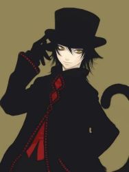 Rule 34 | 1boy, animal ears, black hair, black theme, cat boy, cat ears, cat tail, gloves, goth fashion, hat, hat tip, jacket, lowres, male focus, red shirt, shirt, simple background, solo, tail, top hat, yellow eyes