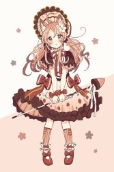 Rule 34 | 1girl, ahoge, animal, animal ear fluff, animal ears, animal on shoulder, black capelet, blush, bow, brown background, brown eyes, brown hair, brown socks, capelet, cat, cat ears, commentary request, dress, flower, food print, frilled dress, frills, full body, hair between eyes, hair flower, hair ornament, head tilt, highres, holding, long hair, looking at viewer, neck ribbon, original, parted lips, personification, print dress, red bow, red footwear, red ribbon, ribbon, sakura oriko, shoes, socks, solo, standing, strawberry print, striped clothes, striped socks, two-tone background, vertical-striped clothes, vertical-striped socks, white background, white dress, white flower, white ribbon