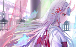 Rule 34 | 1girl, closed mouth, commentary request, crying, crying with eyes open, floral print, from side, hair ornament, highres, hitodama, hololive, hololive alternative, horns, japanese clothes, kimono, long hair, midori matsukaze, multicolored hair, nakiri ayame, obi, oni, print kimono, profile, red eyes, red sash, sash, silver hair, skin-covered horns, solo, streaked hair, tears, upper body, veil, very long hair, virtual youtuber, white kimono
