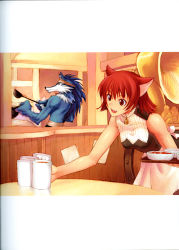 Rule 34 | absurdres, animal ears, bell, neck bell, bent over, carrying, cat ears, collar, cooking, cup, headband, highres, ladle, mao (shining tears), mug, red eyes, red hair, scan, sega, shining (series), shining tears, short hair, table, tony taka, tray, volg, waitress, wolf