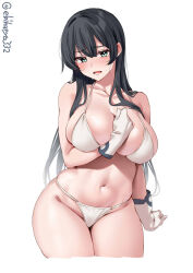 Rule 34 | 1girl, agano (kancolle), bikini, black hair, blush, breasts, cleavage, collarbone, cowboy shot, cropped legs, ebifurya, gloves, green eyes, groin, hair between eyes, highres, kantai collection, large breasts, long hair, looking at viewer, navel, one-hour drawing challenge, open mouth, simple background, solo, swimsuit, white background, white bikini, white gloves