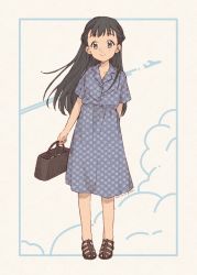 Rule 34 | 1girl, arm behind back, bag, black eyes, black hair, blue dress, brown bag, brown footwear, buttons, child, commentary request, dress, female focus, flat chest, floral print, fukuyama mai, full body, h vstpy, highres, holding, holding bag, idolmaster, idolmaster cinderella girls, long hair, looking at viewer, sandals, short sleeves, simple background, smile, solo, standing, white background