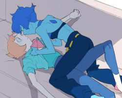 Rule 34 | 2girls, alternate costume, back, backless outfit, blue eyes, blue hair, blue jacket, blue pants, blue skin, blush, clothes pull, colored skin, couch, cropped jacket, eye contact, forehead jewel, gem, girl on top, grabbing, halterneck, highres, imminent kiss, jacket, jacket pull, lapis lazuli (steven universe), looking at another, lying, multiple girls, nano8, on back, pale skin, pants, parted lips, pearl (steven universe), pinned, shade, short hair, steven universe, toned, yuri