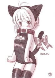 Rule 34 | 1990s (style), 1girl, ahoge, animal collar, animal ears, blush, bow, cardcaptor sakura, cat ears, child, collar, flat chest, kinomoto sakura, leotard, looking at viewer, paw print, retro artstyle, short hair, simple background, tail, tail bow, tail ornament, thighhighs, translation request, white background