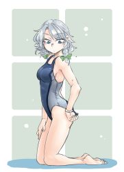 Rule 34 | 1girl, adjusting clothes, adjusting swimsuit, bare shoulders, blue eyes, braid, breasts, competition swimsuit, highres, izayoi sakuya, kneeling, one-piece swimsuit, ponke, ribbon, short hair, silver hair, solo, swimsuit, touhou, twin braids