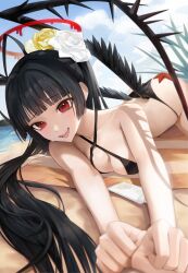 1girl :d absurdres antenna_hair antennae ass bare_shoulders beach bikini black_bikini black_hair black_wings blood blood_halo blue_archive blunt_bangs blush breasts day feathered_wings flower hair_flower hair_ornament halo highres large_breasts liquid_halo long_hair looking_at_viewer low_wings lying malsuk melting_halo official_alternate_costume official_alternate_hairstyle on_stomach open_mouth outdoors red_halo smile solo starfish swimsuit tsurugi_(blue_archive) tsurugi_(swimsuit)_(blue_archive) very_long_hair water wings