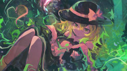 Rule 34 | 1girl, abstract, bare shoulders, black hat, blouse, bow, chestnut mouth, commentary, feet out of frame, frilled sleeves, frills, green eyes, green hair, hair between eyes, hat, hat bow, heart, heart of string, highres, kaamin (mariarose753), knees up, komeiji koishi, long sleeves, looking at viewer, medium hair, open mouth, shirt, solo, third eye, touhou, yellow bow, yellow shirt