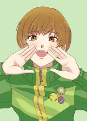 Rule 34 | 1girl, :d, absurdres, badge, brown eyes, brown hair, button badge, commentary request, cover, cover page, go-toubun no hanayome, green background, green jacket, hands up, highres, jacket, long sleeves, looking at viewer, open mouth, persona, persona 4, satonaka chie, short hair, sidelocks, simple background, smile, solo, teeth, track jacket, upper body, upper teeth only, usa (kawaii 152cm), zipper, zipper pull tab